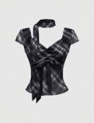 ROMWE / SHEIN Plaid Scarf Neck Ruched Top