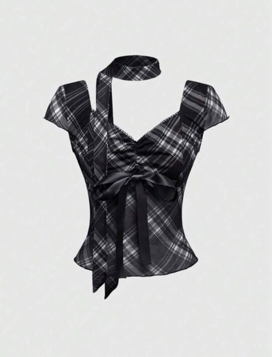 ROMWE / SHEIN Plaid Scarf Neck Ruched Top