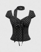 Retro Polka Dot Choker Milkmaid Top (Black)