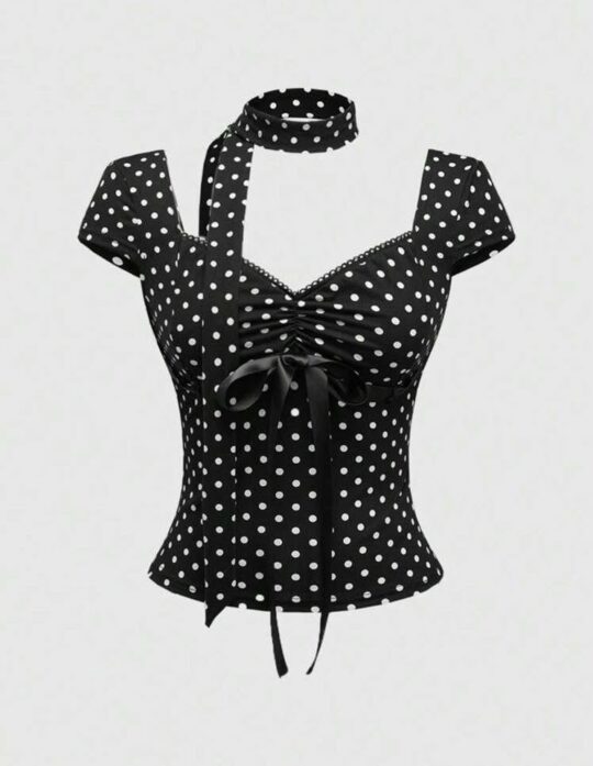 Retro Polka Dot Choker Milkmaid Top (Black)